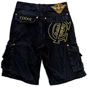Coogi Mens Black Cargo Shorts Gold Embroidered Logo Y2K Hip Hop Streetwear W34